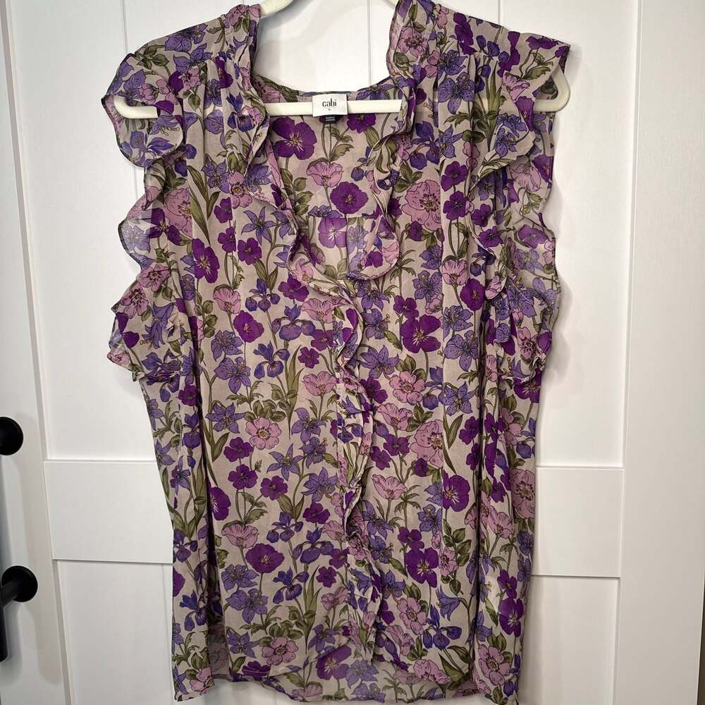 Cabi Purple Floral Ruffle Front Sleeveless Blouse, Size L